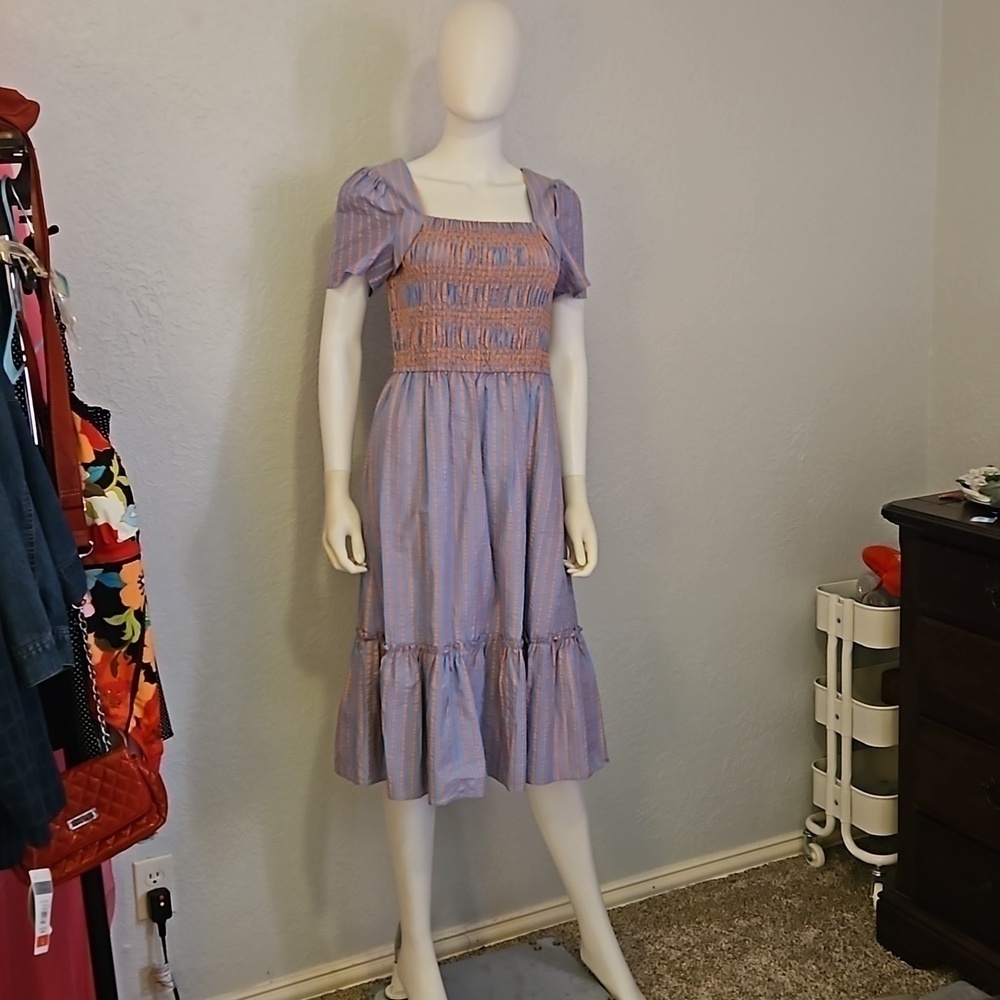 TAHARI Cotton Striped Smocked Ruffle Seersucker Midi Doll Dress - Picture 2 of 11